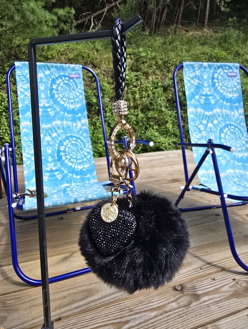 Black Fur Pom Pom Keychain Heart Bag Charm Cell Phone. Big And Bold